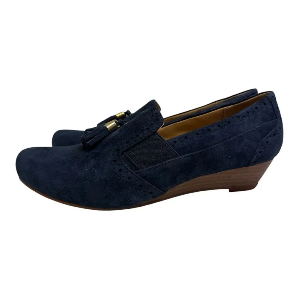 Hotter Brigitte Navy Suede Wedge‎ Loafers Tassel Brogue Detail Women US 9 UK 7